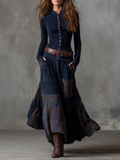 Lorena | Vintage Maxi Suede Dress with Navy Checks and Included Belt