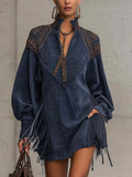 Indigo Faux Suede Mini Dress with High Embroidered Collar and Fringes