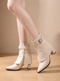 Annika | Women's Pointed Toe Block Heel Ankle Boots with Buckle Belt