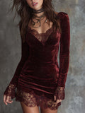 Red Shimmering Velvet Mini Dress with Lace