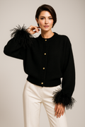 Katarina | Black Knit Cardigan with Feathers